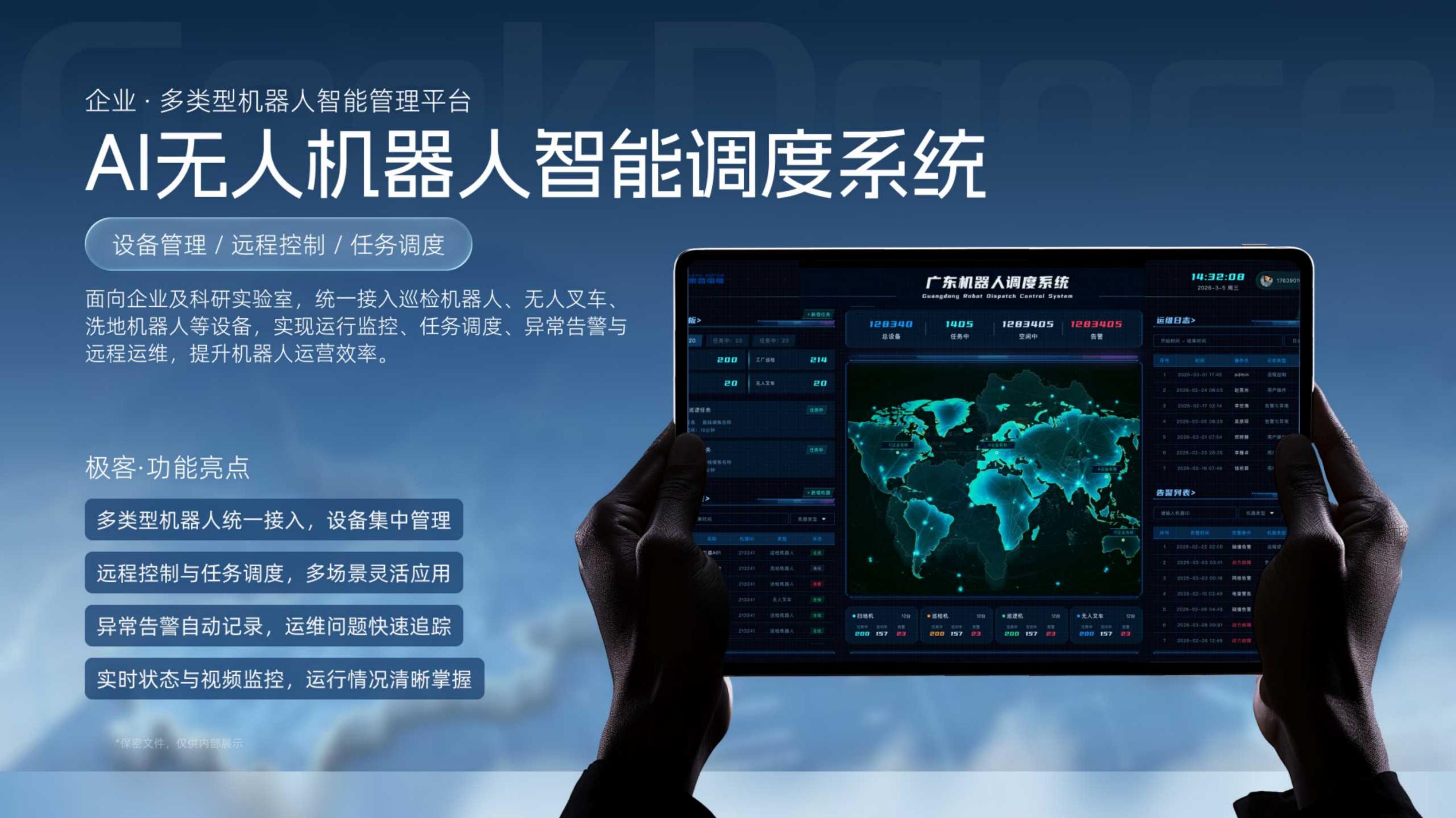 Global AI robot dispatch system presentation visual